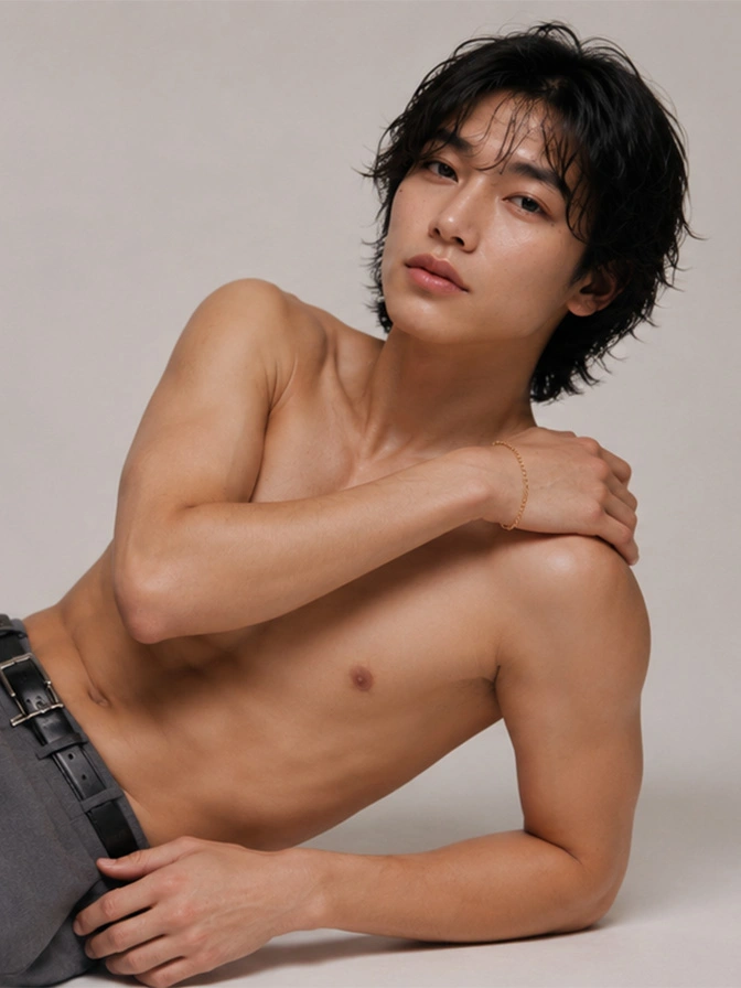 Shirtless Asian male model with tousled black hair posing against neutral background in fashion portrait - Chest masculinization in Chevy Chase, MD