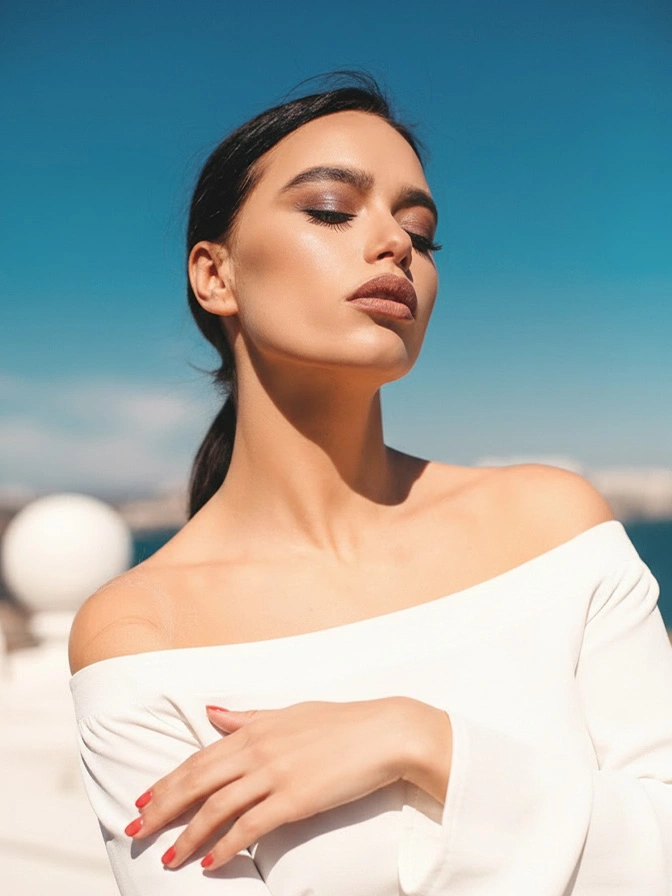 Woman in white off-shoulder top with eyes closed against blue sky, showcasing natural beauty and skincare - Neck lift in Chevy Chase, MD