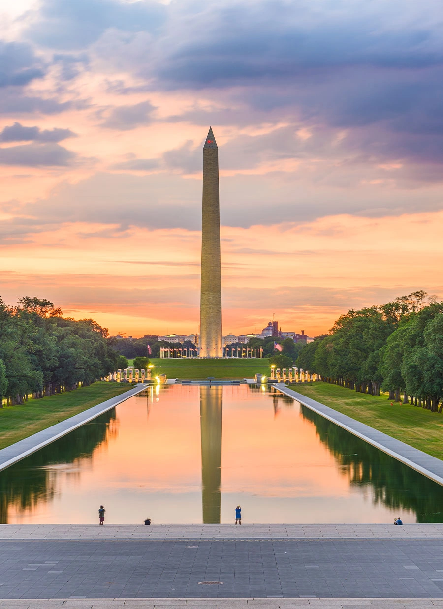 Washington monument at sunset with light reflecting on the pool and very green grass and trees.